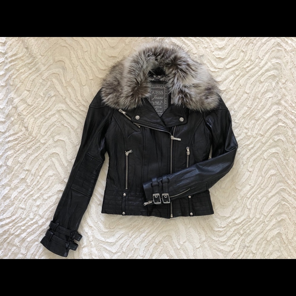 GUESS leather moto jacket w/ removable fur collar